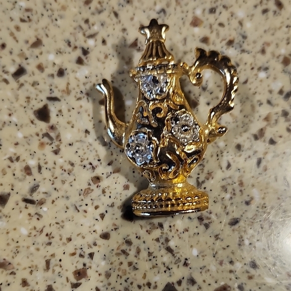 Jewelry - Vintage Gold Teapot Brooch with Silver Accents